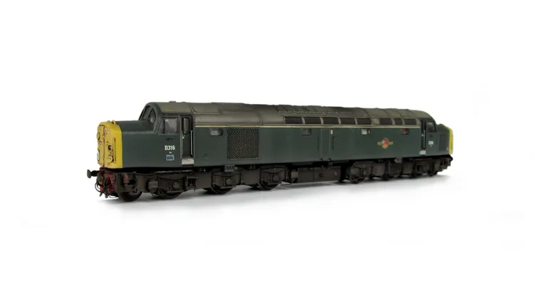 D316 with respray of nose end to full yellow. Details include: renumbered, handrails on nose, driver, detailed buffer beam, semi detailed buffer beam at coupling end, moulded roof grill replaced with 3D etched version, disc catches added, fine headcodes, 