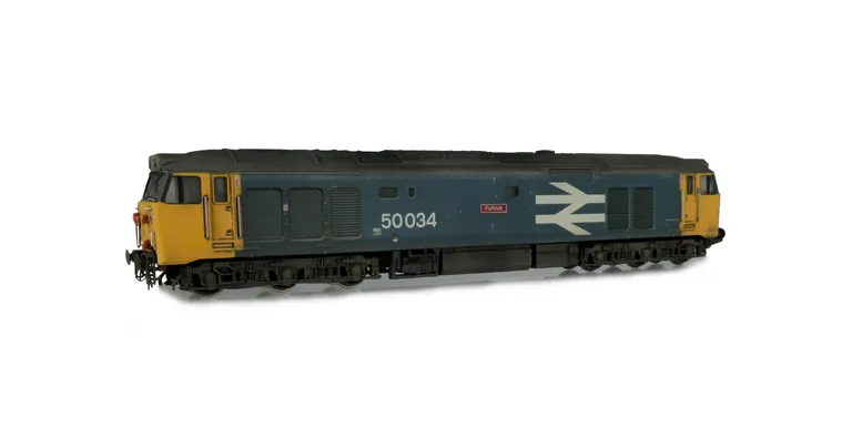 50034 Added details include: renumbered. distressed paintwork, etched nameplates,  painted cab interior, driver, speedo cable added, moulded roof grills replaced with 3D fan and grill and detailed buffer beam.