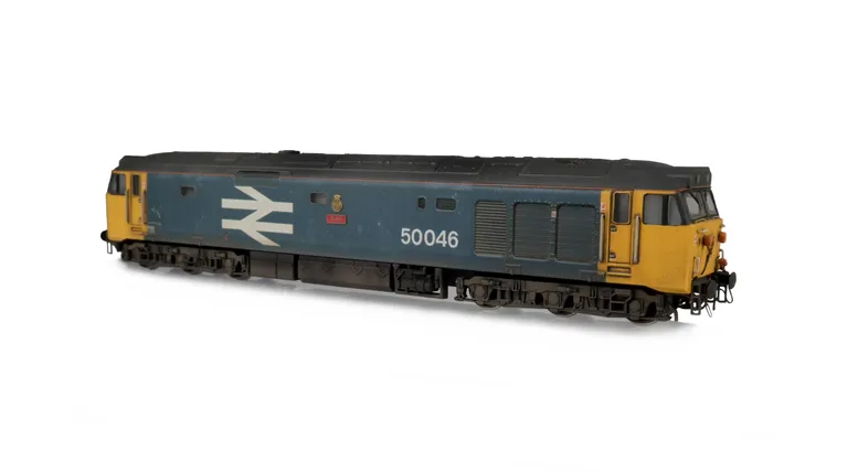 50046 Added details include: renumbered, distressed paintwork, etched nameplates,  painted cab interior, driver, speedo cable added, moulded roof grills replaced with 3D fan and grill and detailed buffer beam.