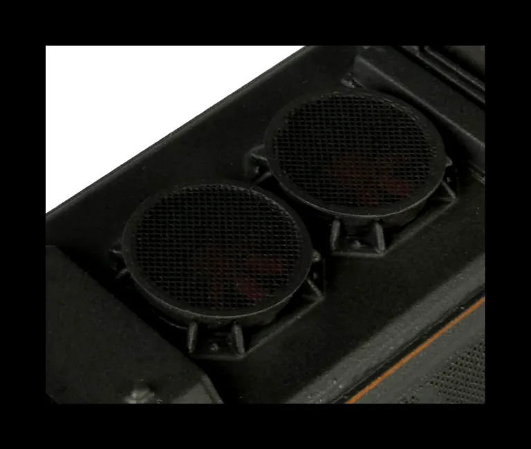 Close up of etched fan and grill.