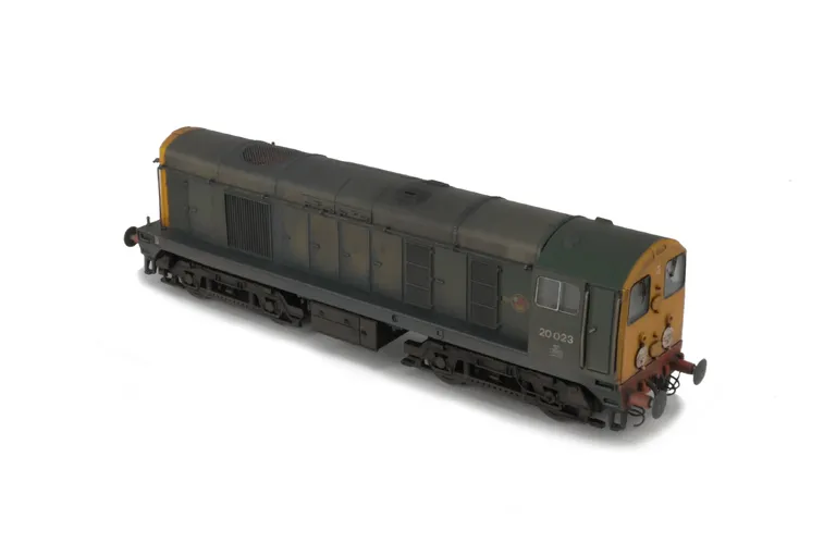 20023 Renumbered with added livery variation, heavily weathered with added full yellow ends and red buffer beams. Details added: thinned down headcode discs with holes filled and resprayed,  roof grills replaced with much finer etched fan and grill, bogie modification to reduce the gap between body and bogies, speedo cable, finer ladder on one bogie, detailed buffer beam with squared off buffer beam at one end. semi detailed buffer beam at coupling end, driver and buffers changed to round versions.