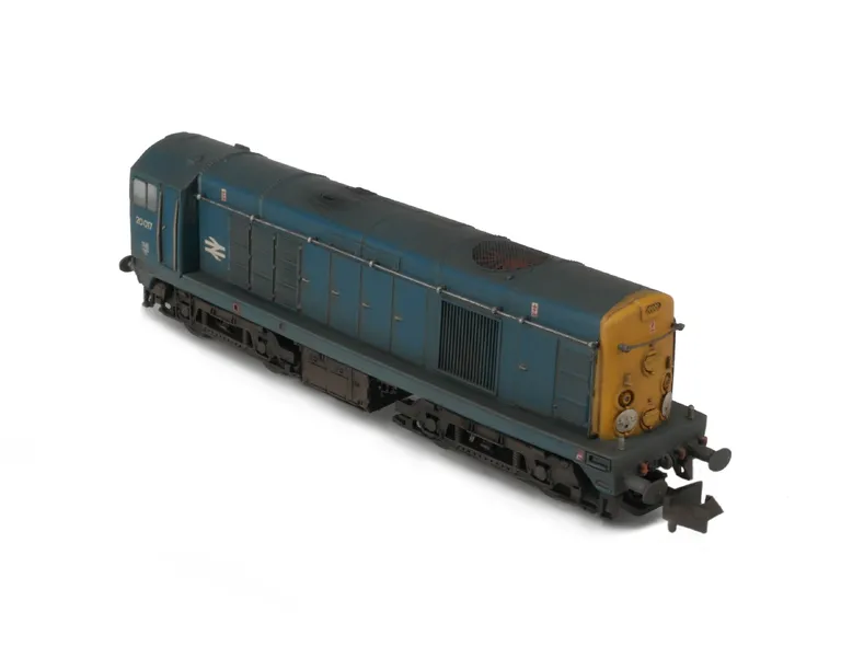 20017 Full respray to BR Blue. Details added: renumbered, thinned down headcode discs with holes filled and resprayed,  roof grills replaced with much finer etched fan and grill, bogie modification to reduce the gap between body and bogies, speedo cable, finer ladder on one bogie semi detailed buffer beam at both ends and buffers changed to oval versions.