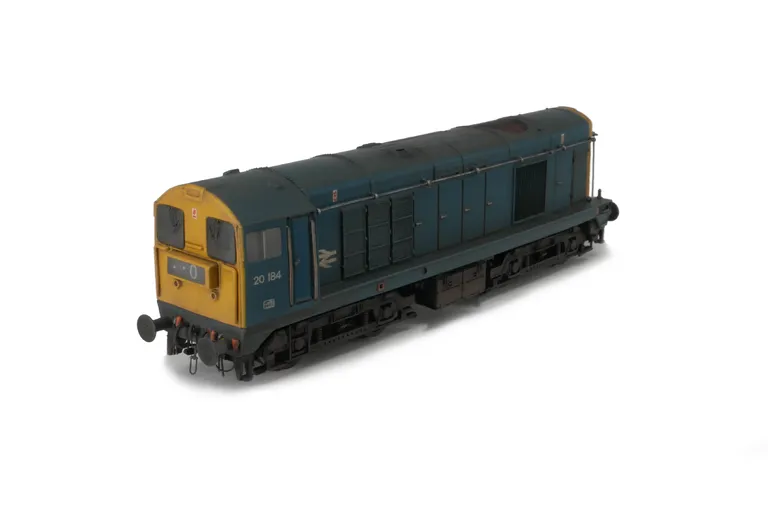 20184 Full respray to BR Blue. Details added: renumbered, headcode changed, roof grills replaced with much finer etched fan and grill, bogie modification to reduce the gap between body and bogies, speedo cable, finer ladder on one bogie, driver, detailed buffer beam at one end with buffers squared off and semi detailed at coupling end.
