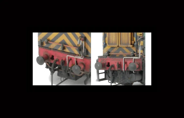Close up of detailed buffer beam with wire couplers as well as extra piping. 